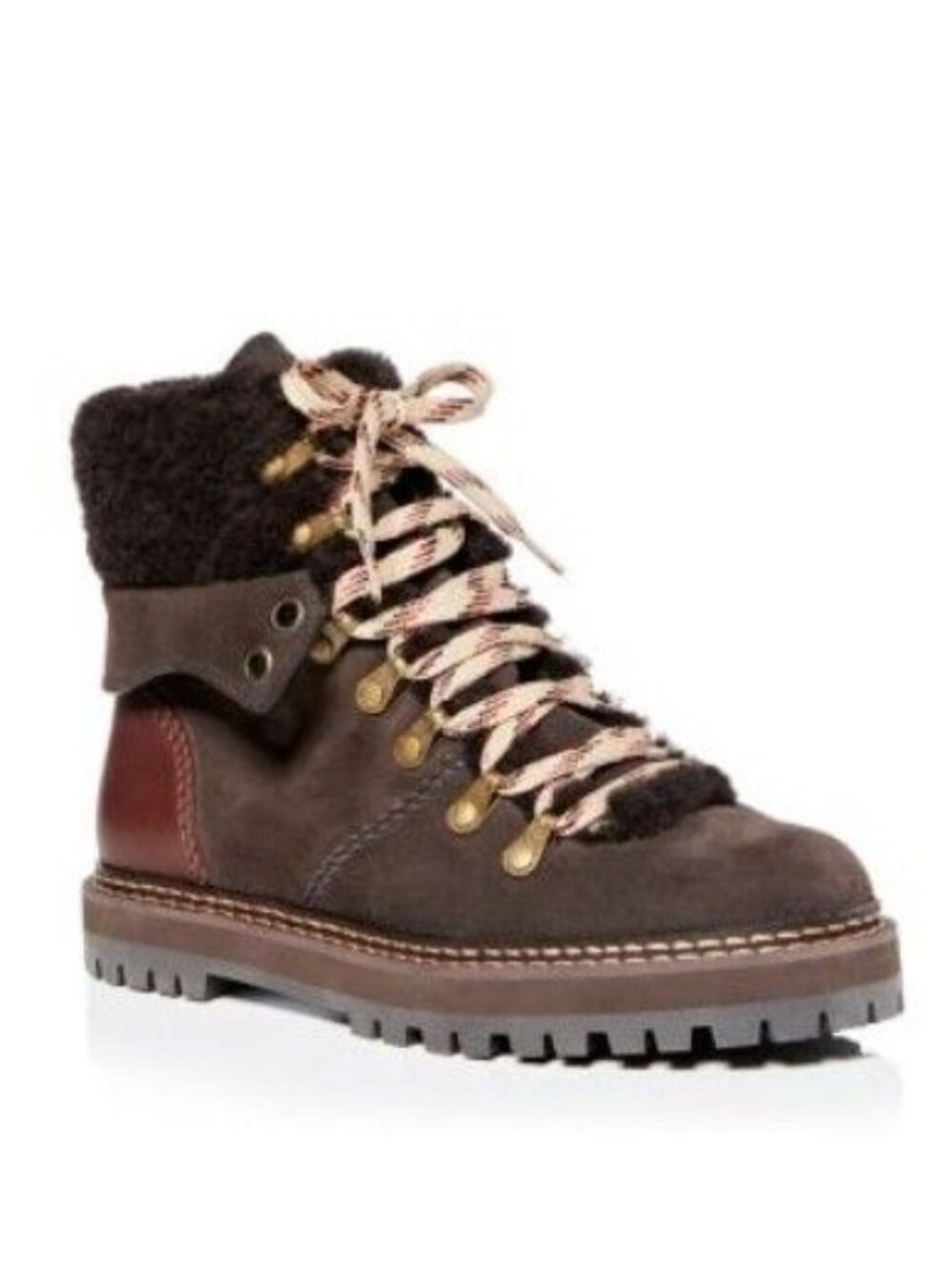 See By Chloé Eileen Shearling Lined Suede Ankle Hiker Boots Brown EU 35 US 5 New